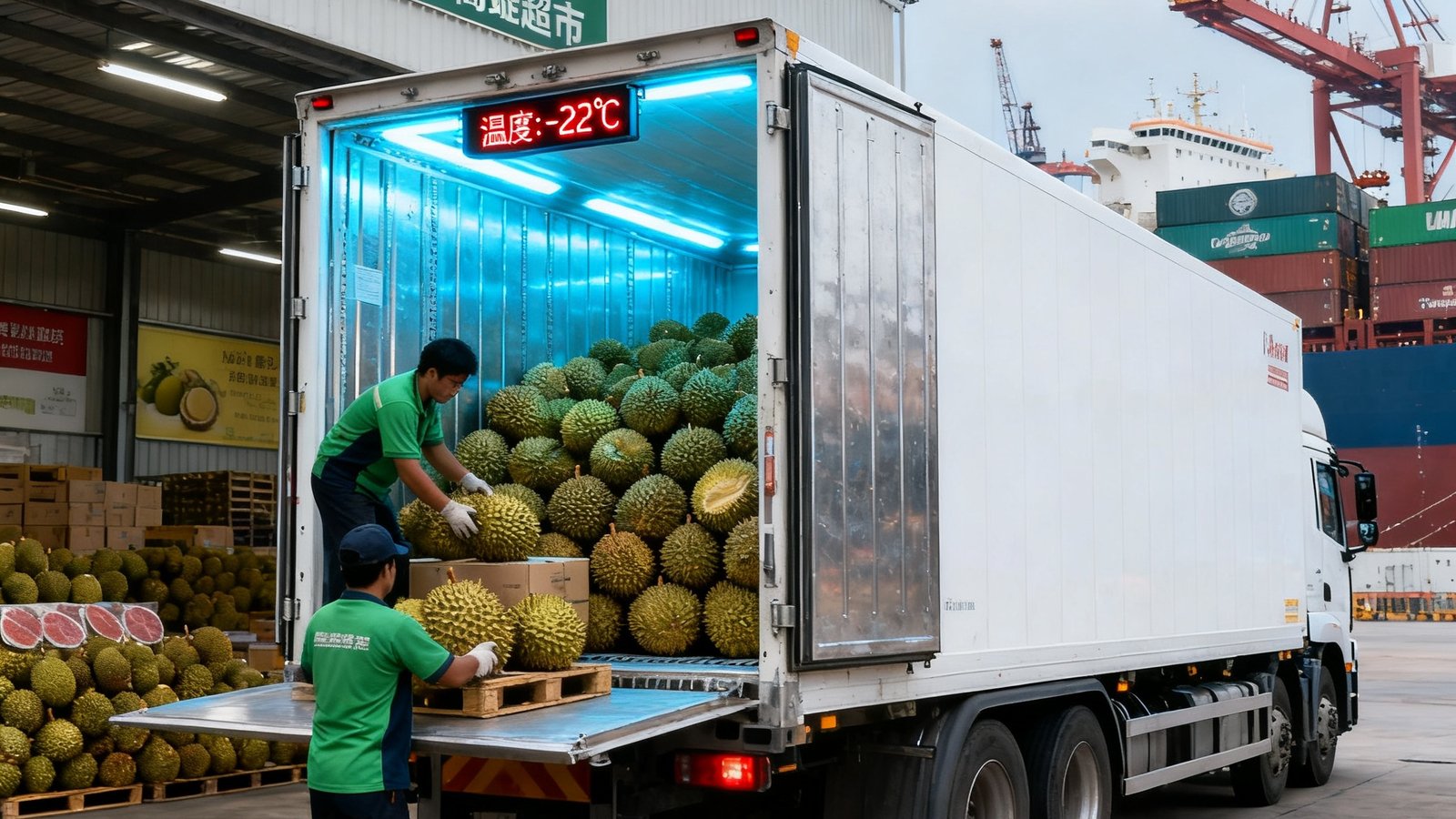美高梅冷链运输车在马来西亚槟城装载冷冻榴莲，车厢内温度精确控制在零下22度，准备经新加坡转运至上海和东京的高端超市。