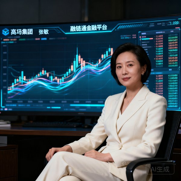 美高梅集团CFO张敏的商务肖像照，她身着米白色职业套装，背景是融链通金融平台的数据界面，体现了财务与科技融合的专业形象。
