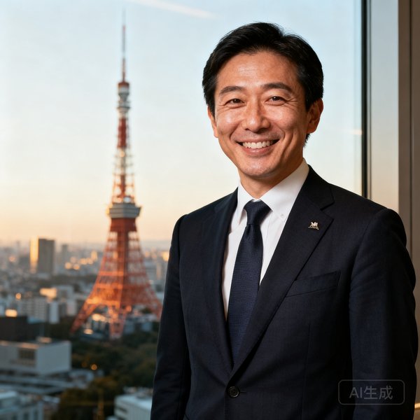 美高梅集团全球市场总监田中健一的半身肖像，他面带微笑站在东京办公室前，背景可见东京塔，代表了集团的亚太市场拓展力量。